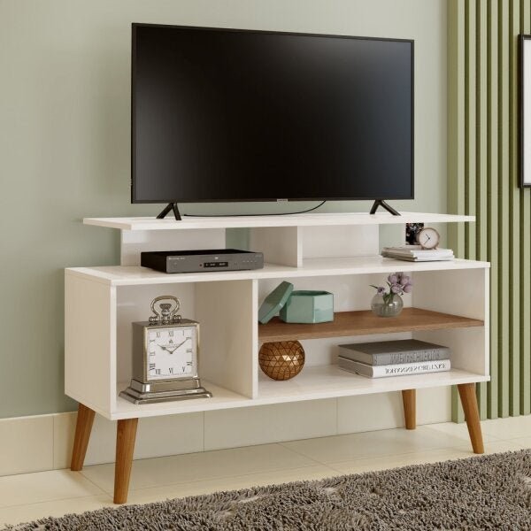 Rack para TV até 42 Polegadas 110cm Pés em Madeira Maciça Retrô Lyon Bege Off White/Canela Off White/Canela