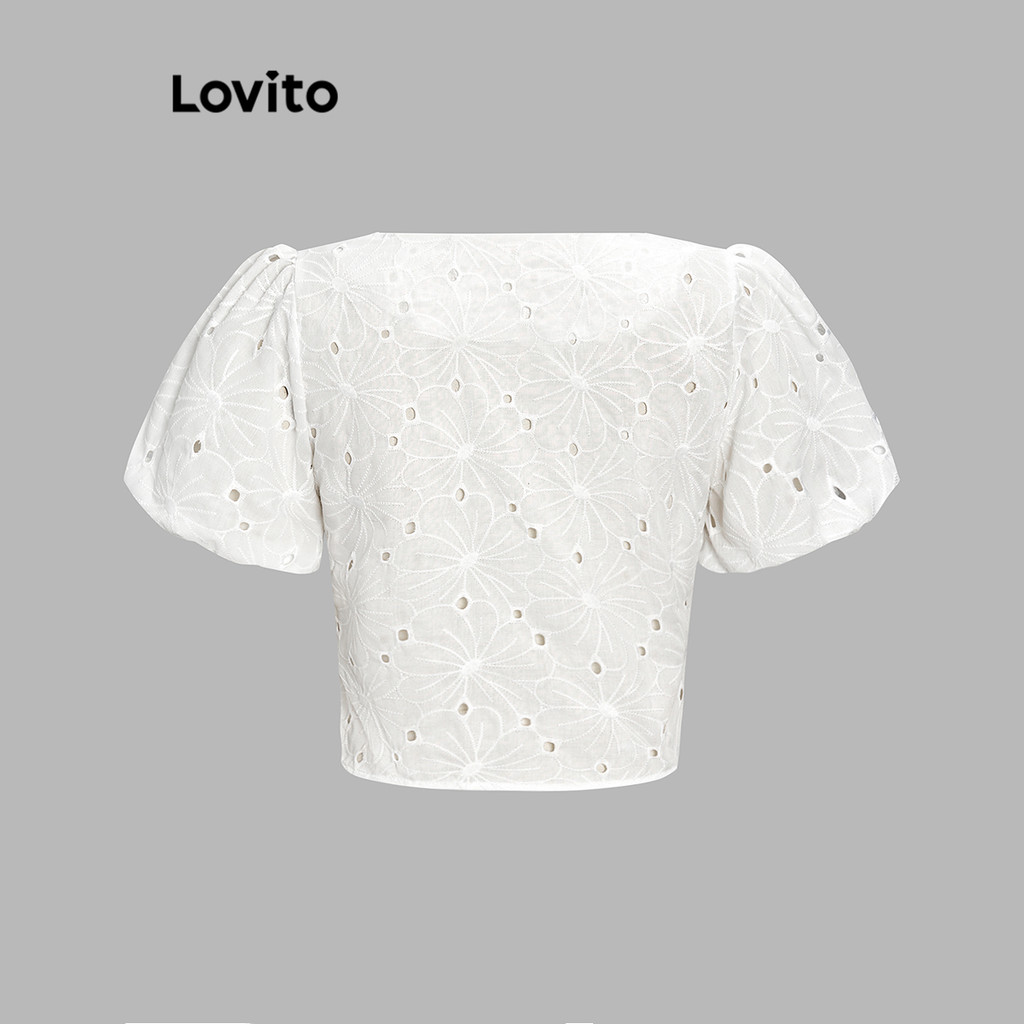 Detalhes do Blusa Feminina Casual Bordada Ilhós Liso Franzida Lovito L68ED349 - Multicolorida
