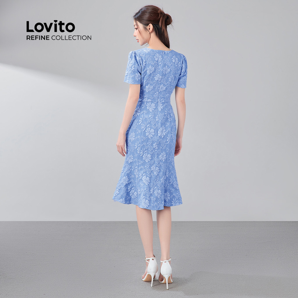 Detalhes do (NEW) (Lovito Refine) Vestido Elegante de Estrutura Assimétrica para Primavera/verão Azul para mulheres LR21A028
