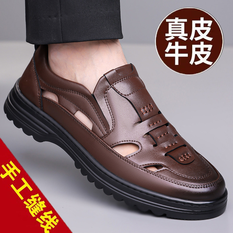 Sandálias masculinas 2026 novo estilo de couro genuíno respirável sapatos masculinos negócios sapatos casuais verão oco 