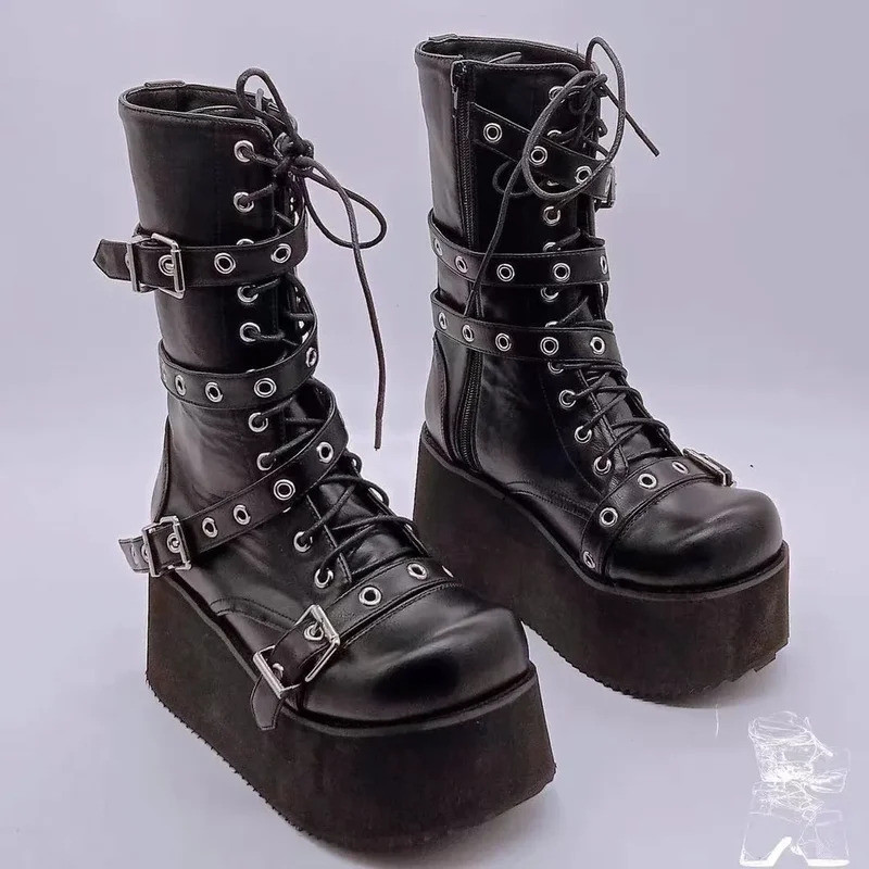 Botas Femininas de Outono Tamanho Grande 43 com Fivela, Bico Redondo, Plataforma, Estilo Punk Goth, Botas de Combate par