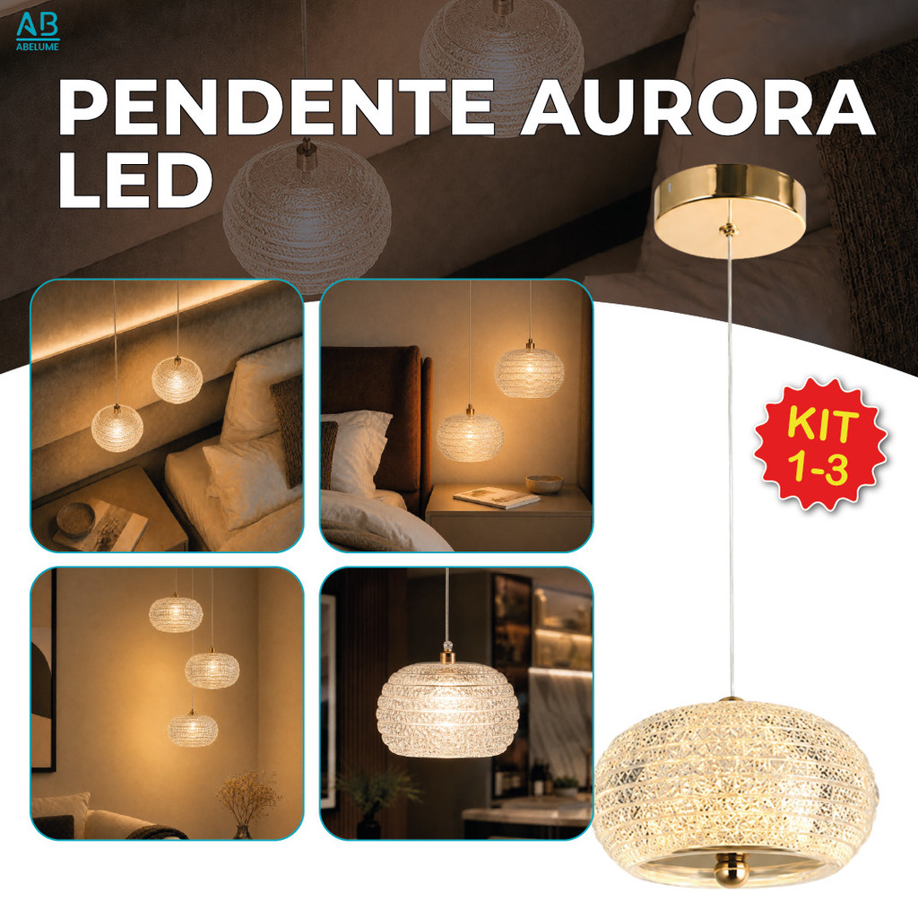 Kit 1/2/3 Luminária Pendente LED Cristal Aurora Dourado Luxo 3 Tons de Luz Bivolt