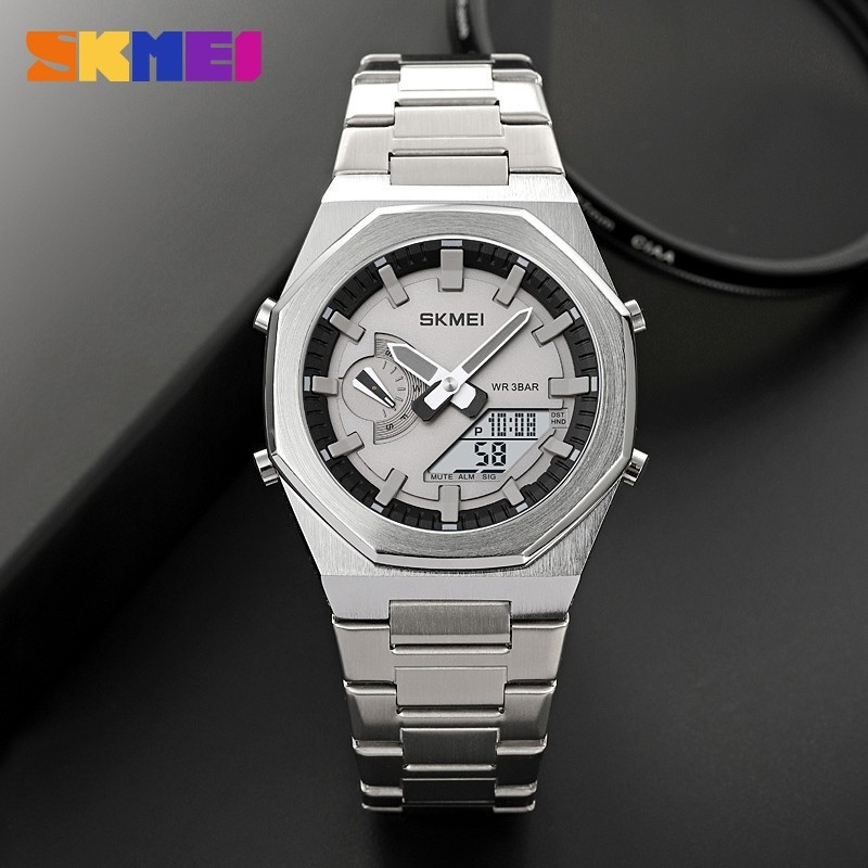 Relógio Digital de Quartzo Masculino SKMEI 1816, Aço Inoxidável, LED, Dupla Exibição, Esportivo, Resistente à Água, PNET