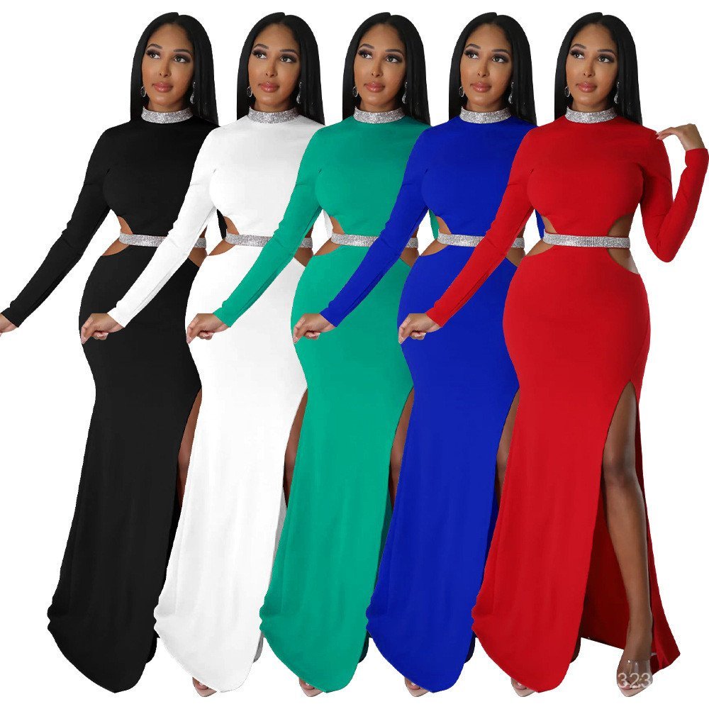 Vestido 345 orvalho europeu americano outono cor sólida Sexy cintura dividida moda roupas femininas