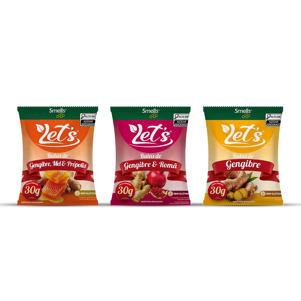 Pacote Balas Balinha Pastilha Let´s Gengibre Mel Romã Garganta 100% Natural 30g Smells