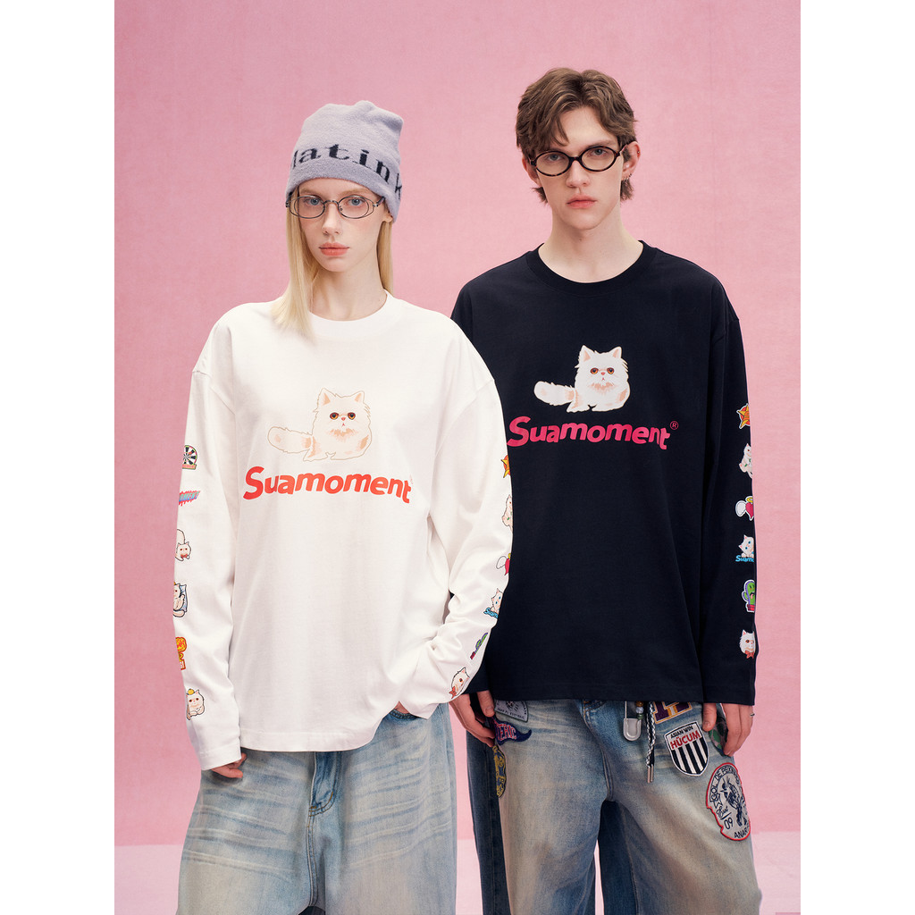SuaMoment gato dos desenhos animados camiseta de manga comprida das mulheres dos homens 2026 primavera novo estilo pesad