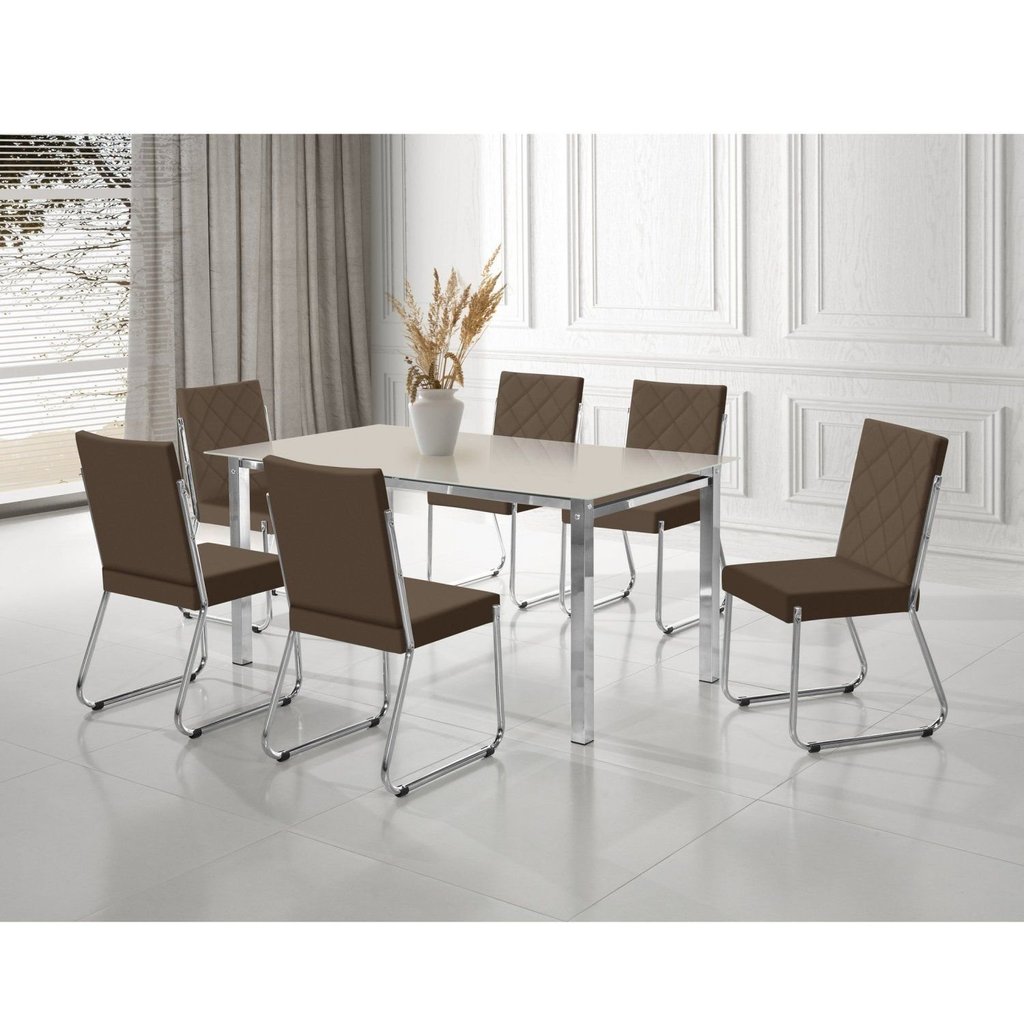 Conjunto Sala de Jantar Mesa Ortenia Tampo Vidro com 6 Cadeiras Dinah New Marrom/Cromado Cromado/Marrom