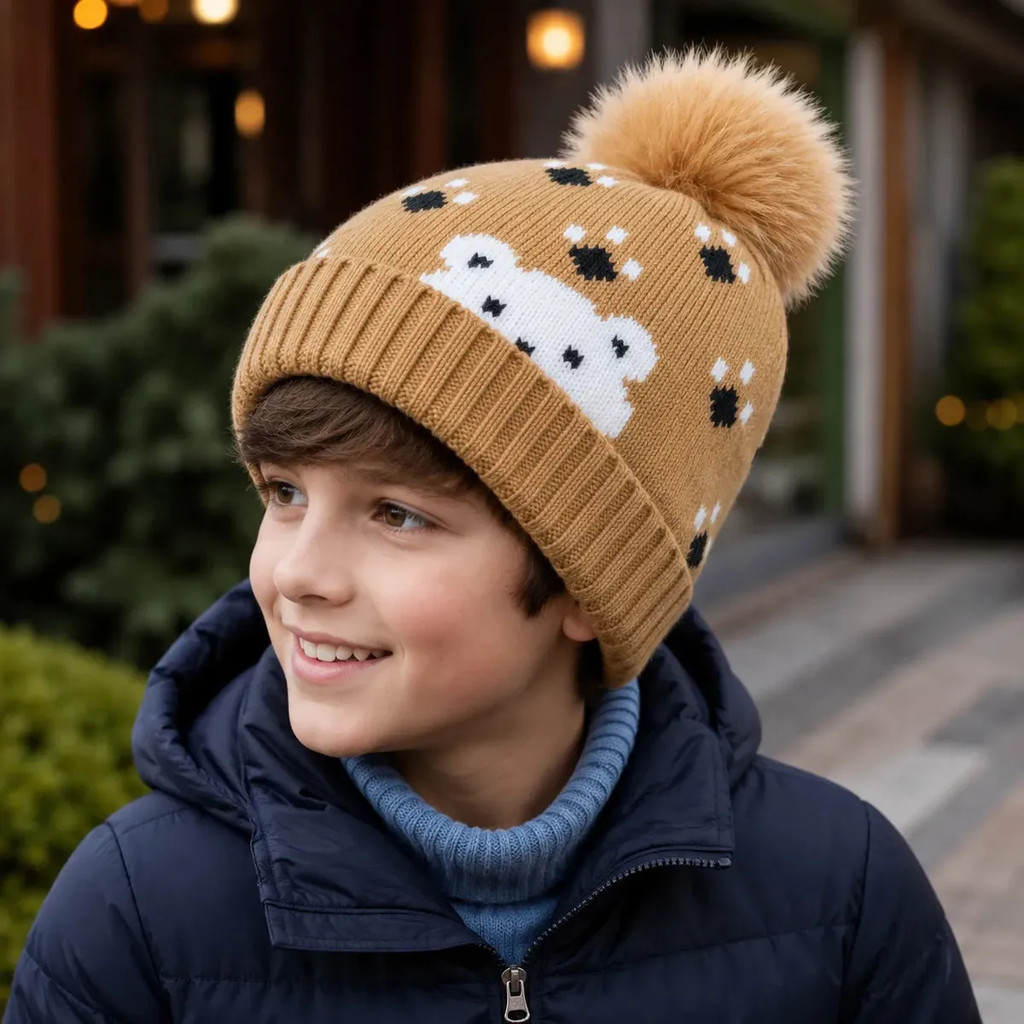 Touca Infantil De Inverno Panda Tricô Com Pompom Menino 1777