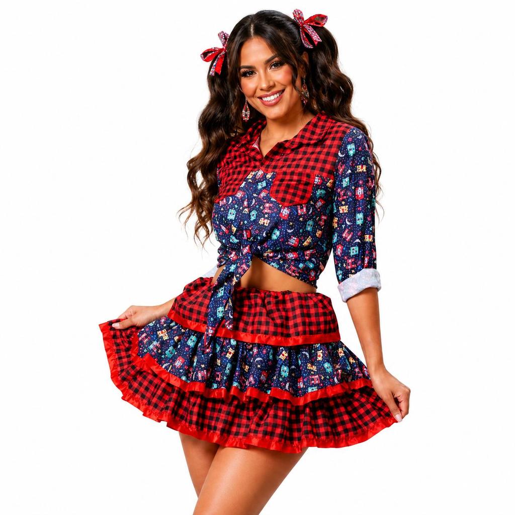 roupa country feminina luxo xadrez vermelho e azul camisa e saia de festa junina caipirinha