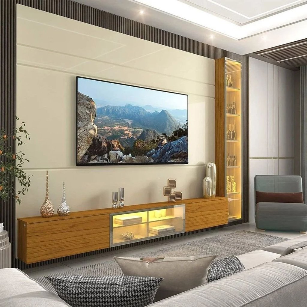 Estante para TV e Home Theater até 90 Polegadas com Vidro Reflecta 100% MDF 255,2cmx217,6cm Porta Led Luminare Bege Off