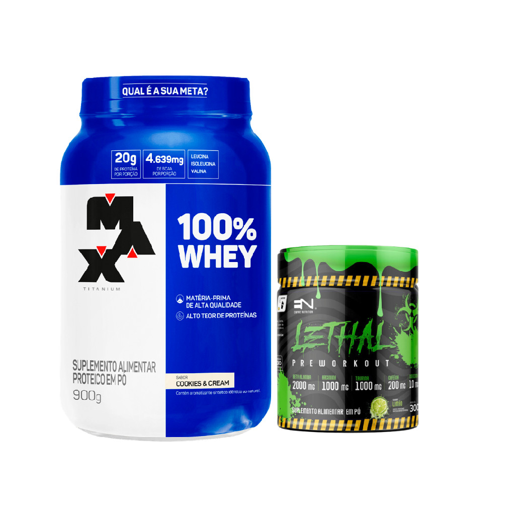 Kit 100% Whey Protein Max Titanium Pote 900g Cookies e Cream + Pré Treino Lethal 300g Limão