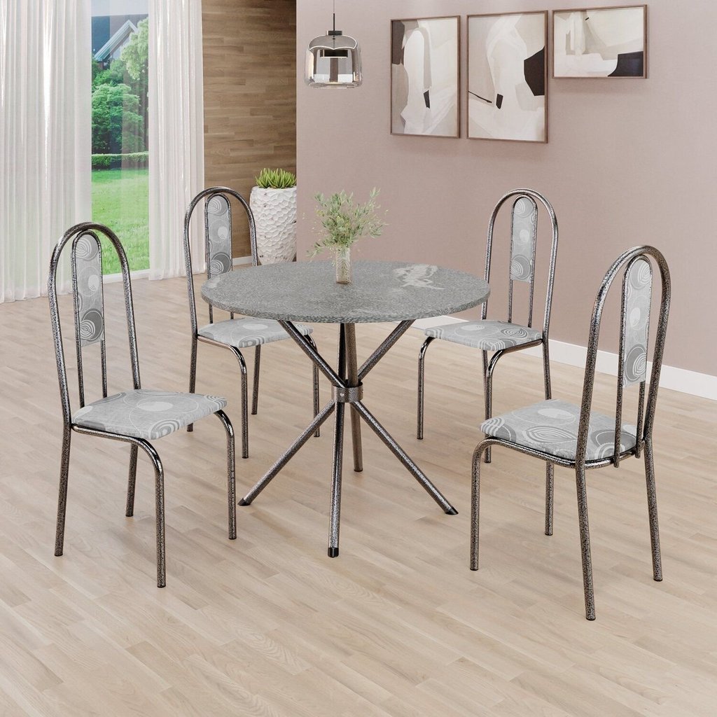Conjunto Sala de Jantar Mesa Redonda 70cm Tampo Granito Topázio 4 Cadeiras Linda Yescasa Prata/Paraopeba