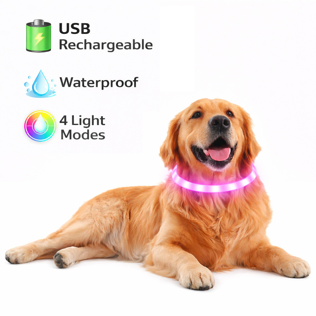 Coleira LED para Cães Recarregável por USB, à Prova d'Água, com 4 Modos de Iluminação