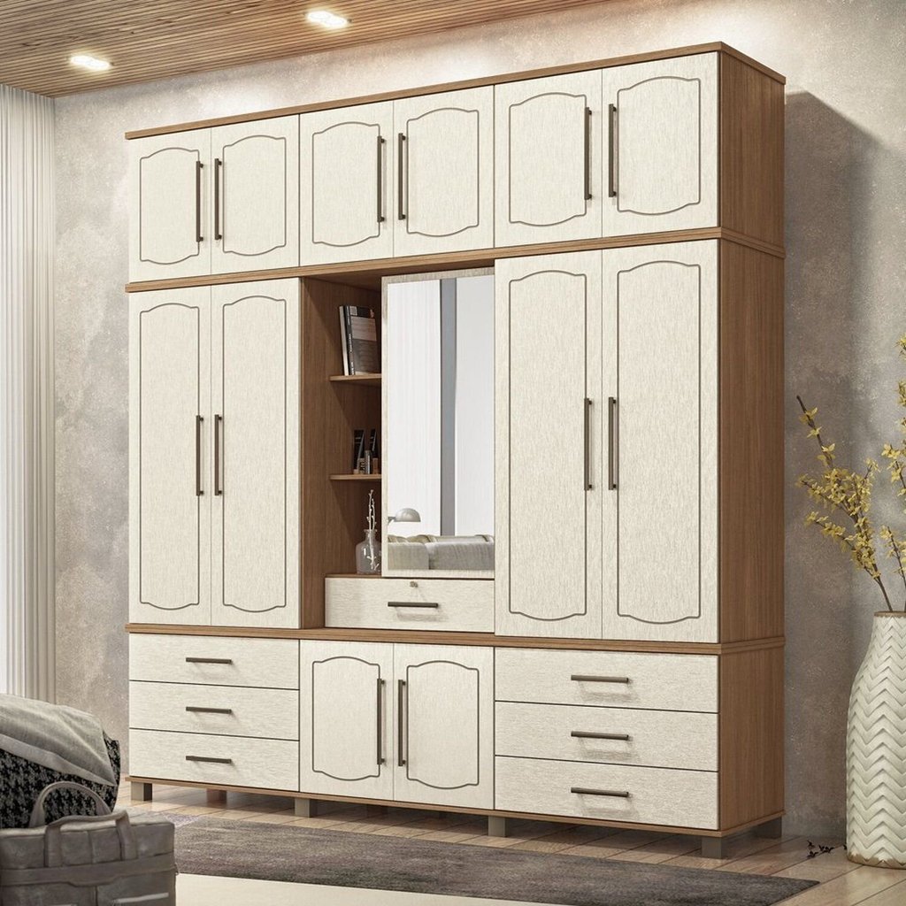 Guarda Roupa 13 Portas 7 Gavetas Contemporâneo Off White/Jatobá/Areia