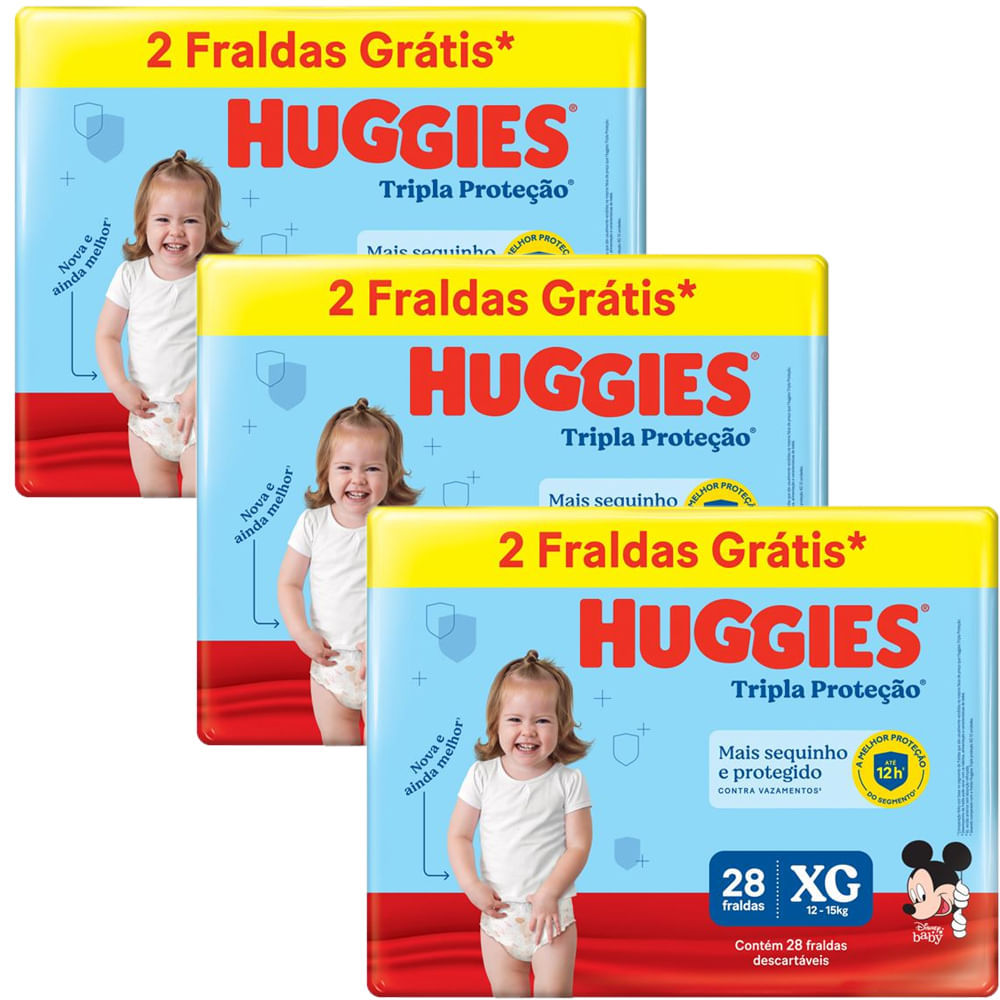 Kit 3 Fraldas Huggies Tripla Proteção Meguinha XG - 84 Tiras
