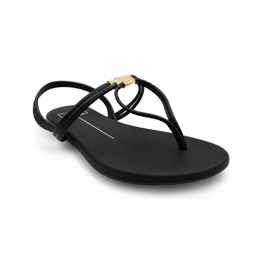 Sandália Rasteira Casual Moleca Preta Toque Dourado