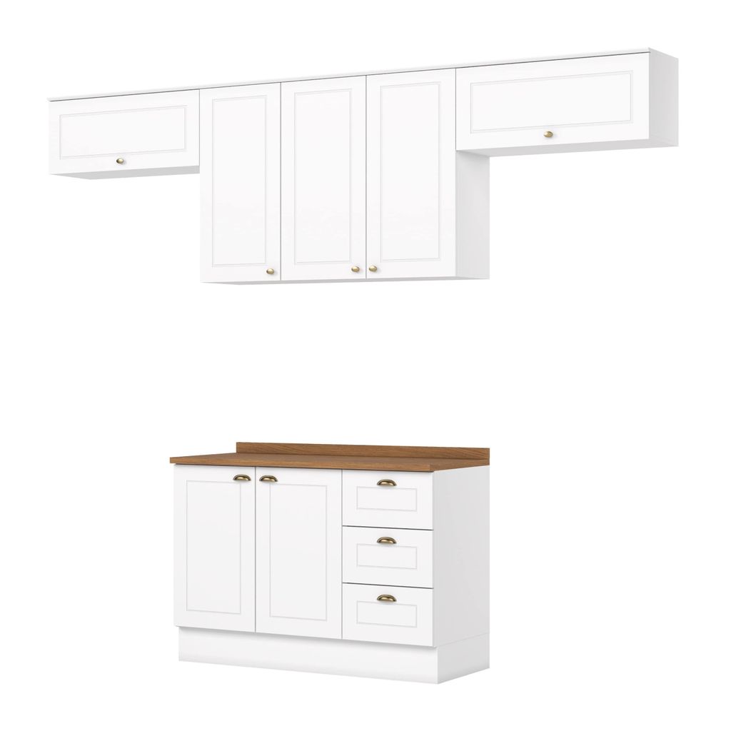 Cozinha Compacta 4 Peças 100% MDF com Tampo para Balcão Pia 120cm Branco HP/Nature Americana   Branco HP/Nature