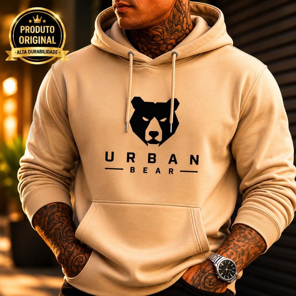 Moletom Canguru Flanelado Estampado Urban Bear Blusa De Frio Estiloso Masculino Unissex Capuz Bolso Frontal Lançamento