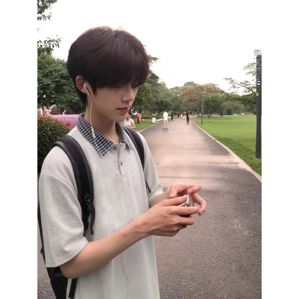 Estilo americano estilo Preppy lapela de manga curta camiseta masculina verão solto Street Wear camisa POLO meia manga P