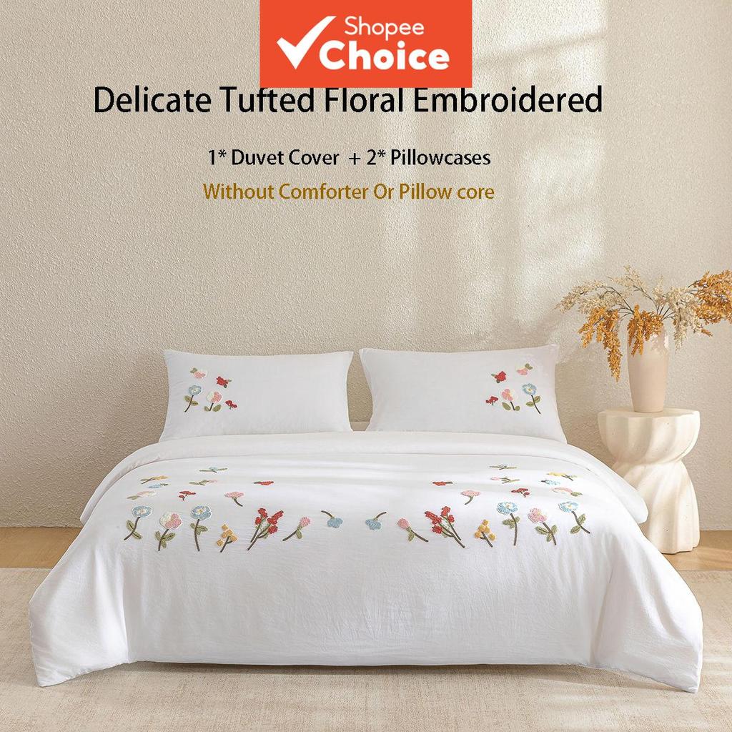Conjunto de 3 peças de capa de edredão bordada 3D floral com tufos – 1 capa + 2 fronhas – fibra ultra fina – toque suave