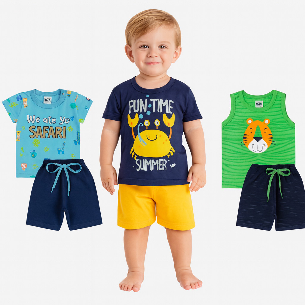 Kit 4 Peças Roupa Infantil Menino Verão - Kit com 2 ou 1 Conjuntos Tam 2 ao 8 Conjunto Masculino Criança Pronta Entrega