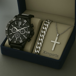 Conjunto relógio + corrente Pingente cruz e pulseira masculino Aço inox Prateado ou Dourado em Oferta na Shopee