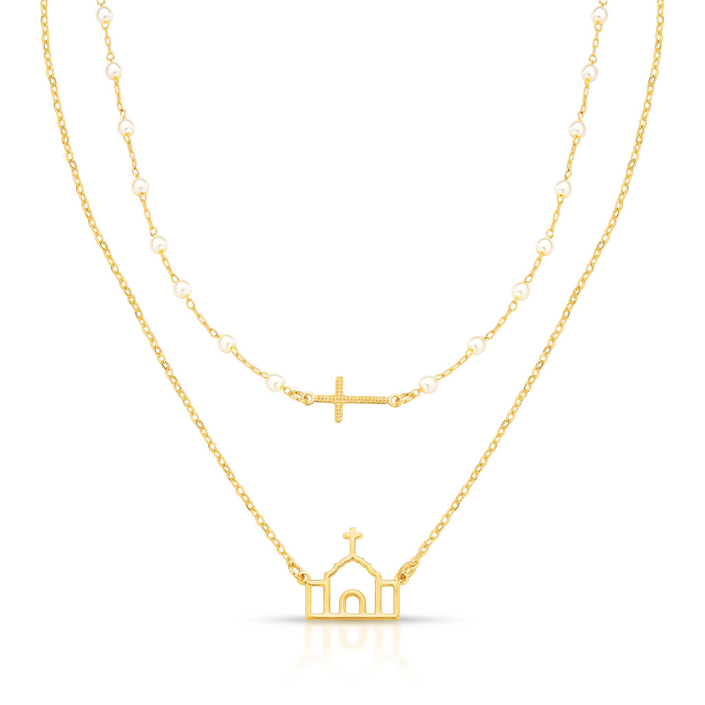 Colar Duplo Pérolas Cruz e Igreja Folheado Ouro 18K Semijoia