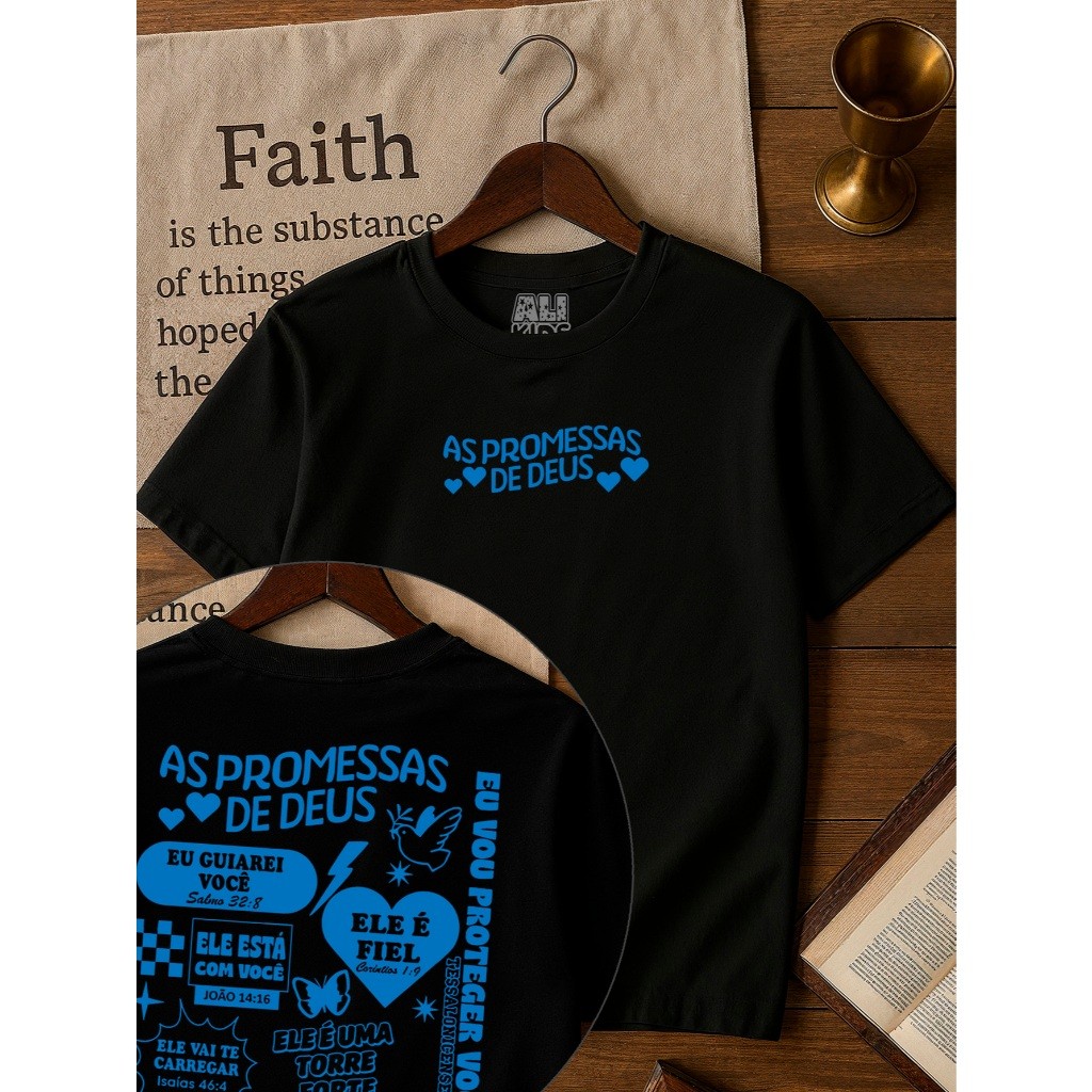 Camiseta 100% Algodão Gospel Juvenil e Infantil Menino Menina 2 ao 16 anos As promessas de Deus 100% algodão