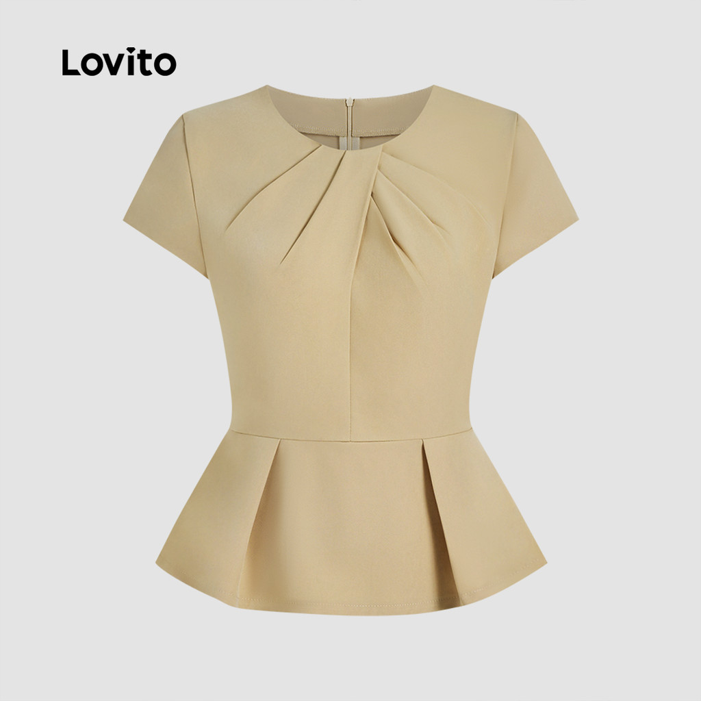 Detalhes do Lovito Blusa Feminina Lisa Plissada Com Babados Para Verão Primavera L131ED463