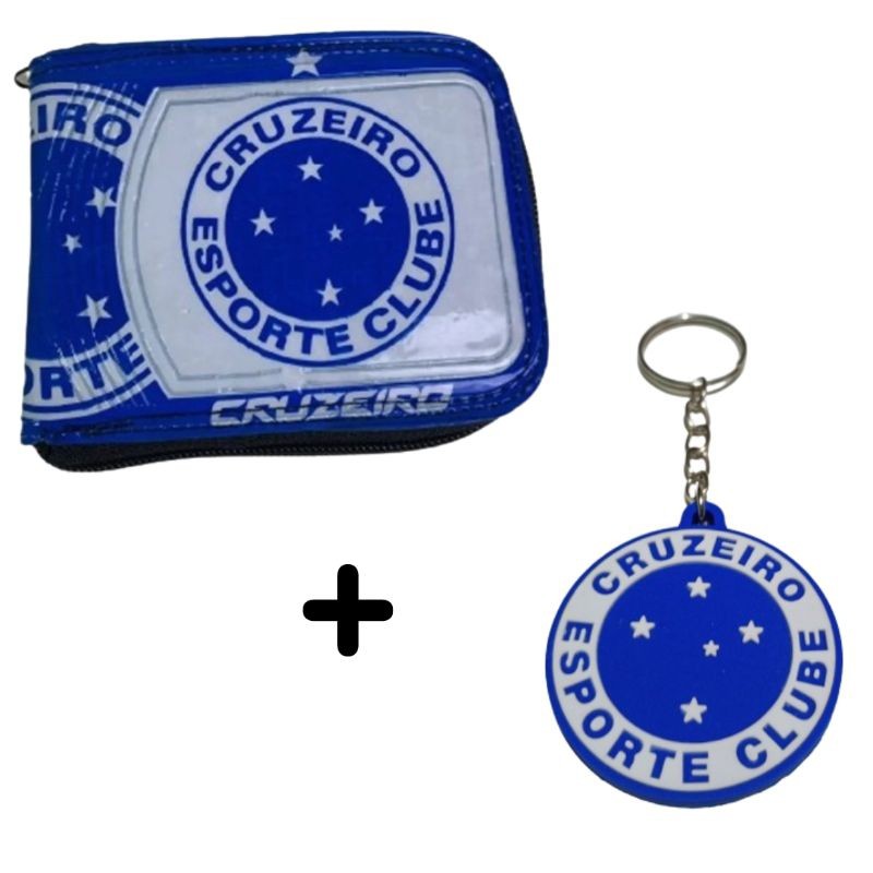 Kit Carteira Masculina + Chaveiro de Borracha do Cruzeiro Time de Futebol Com Zíper Porta Documentos Barato Para Present