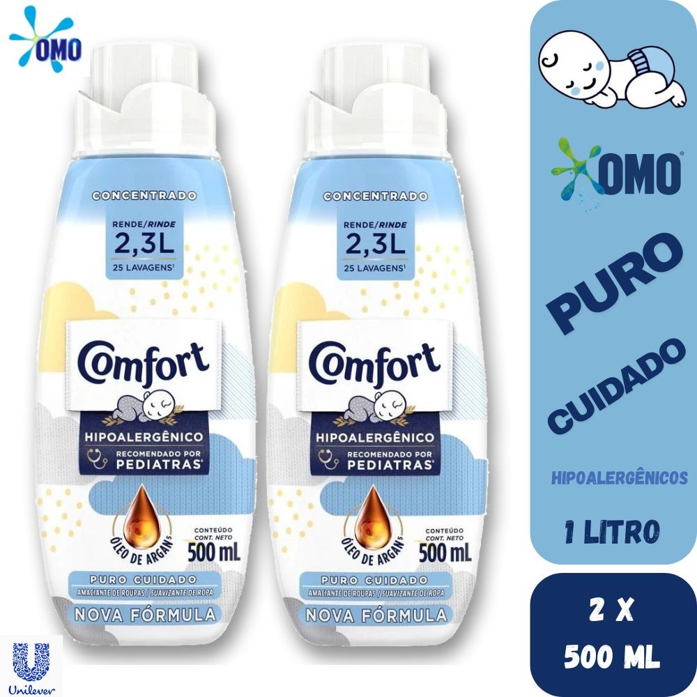 Kit 2 Amaciante Concentrado Comfort hipoalergênico Roupas Finas de Bebê Puro Cuidado 500ML