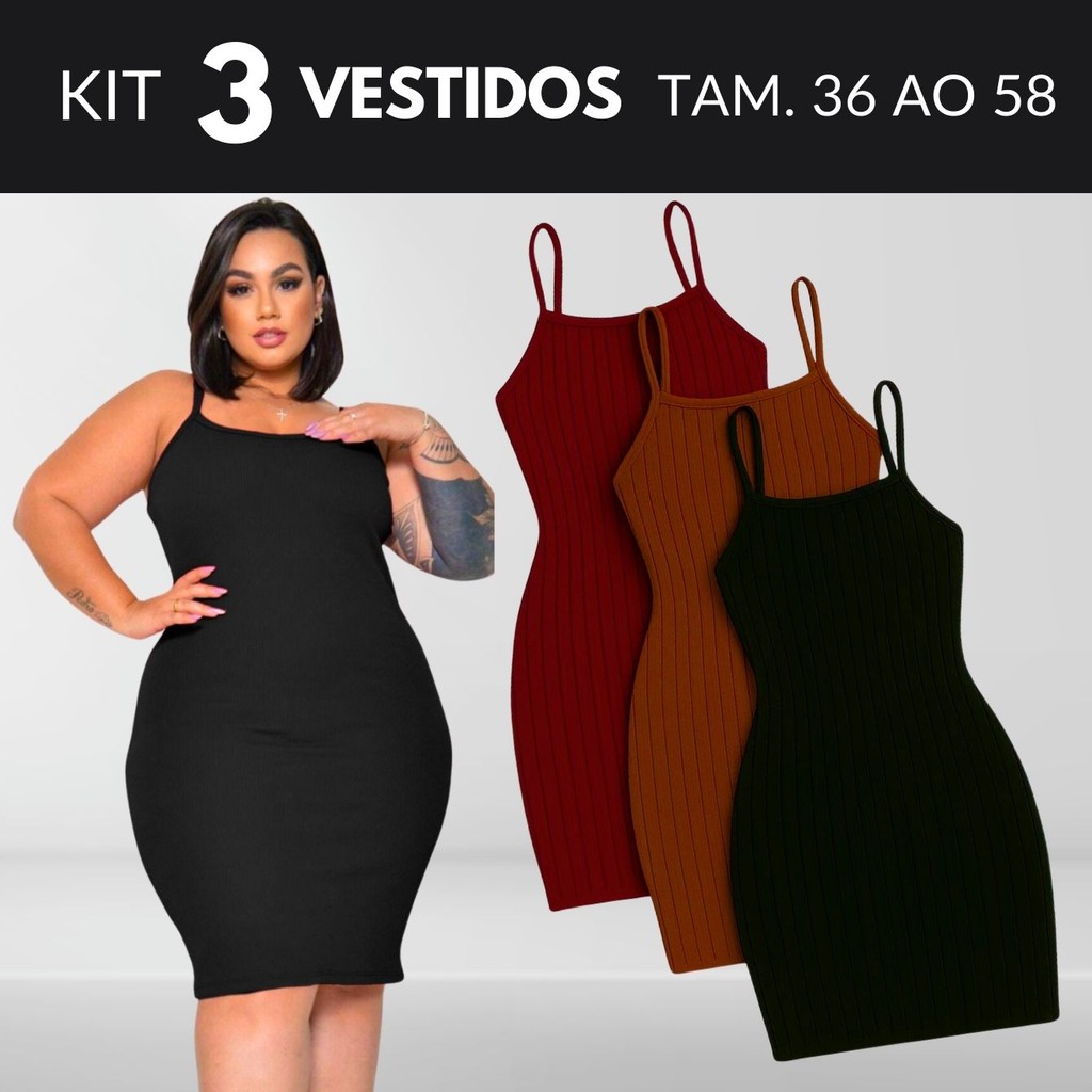 KIT 3 Vestido Plus Size Feminino Vestido Midi Vestido Canelado Vestidos Roupas Midsize Vestido Preto Tamanho 36 Ao 58