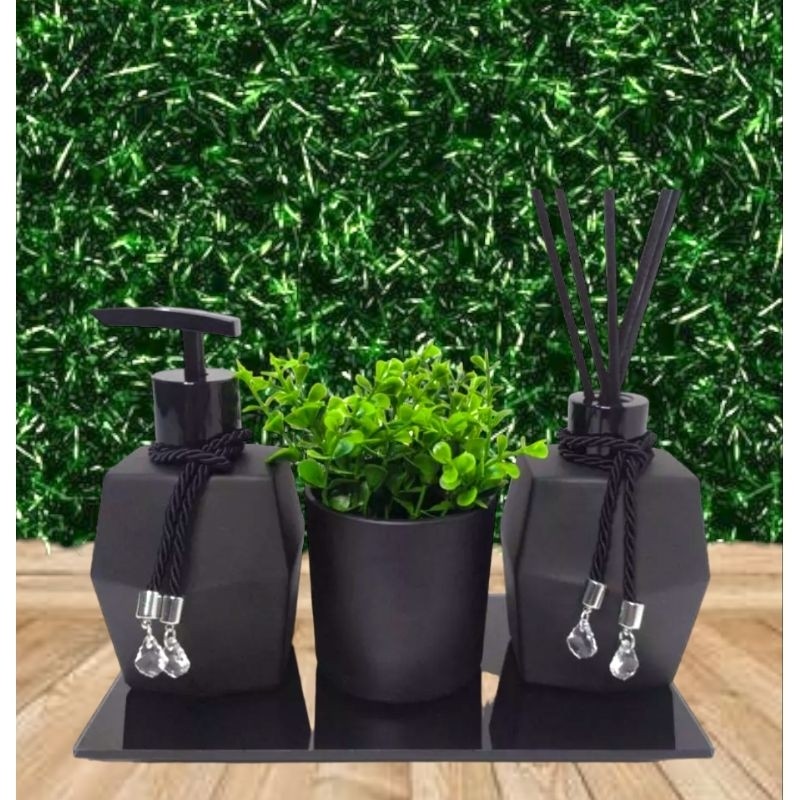Kit Lavabo Banheiro Preto Fosco Com Copo  Bandeja Vaso Pingente Cristal  250 Ml Casa E Decoração Conjunto Lavabo