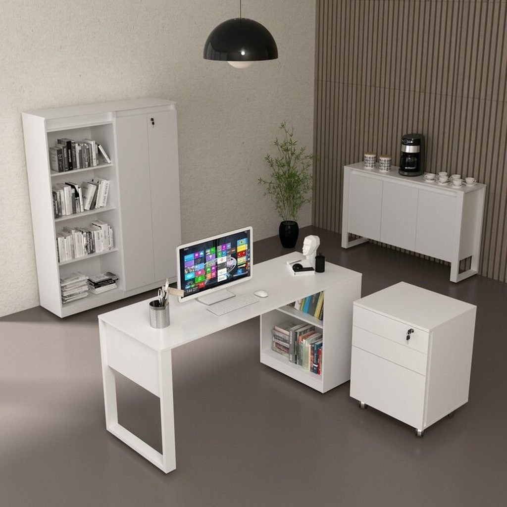 Conjunto Escritório 5 Peças com 1 Escrivaninhas, 1 Gaveteiro, 1 Estante e 2 Armários Multiuso Branco Branco