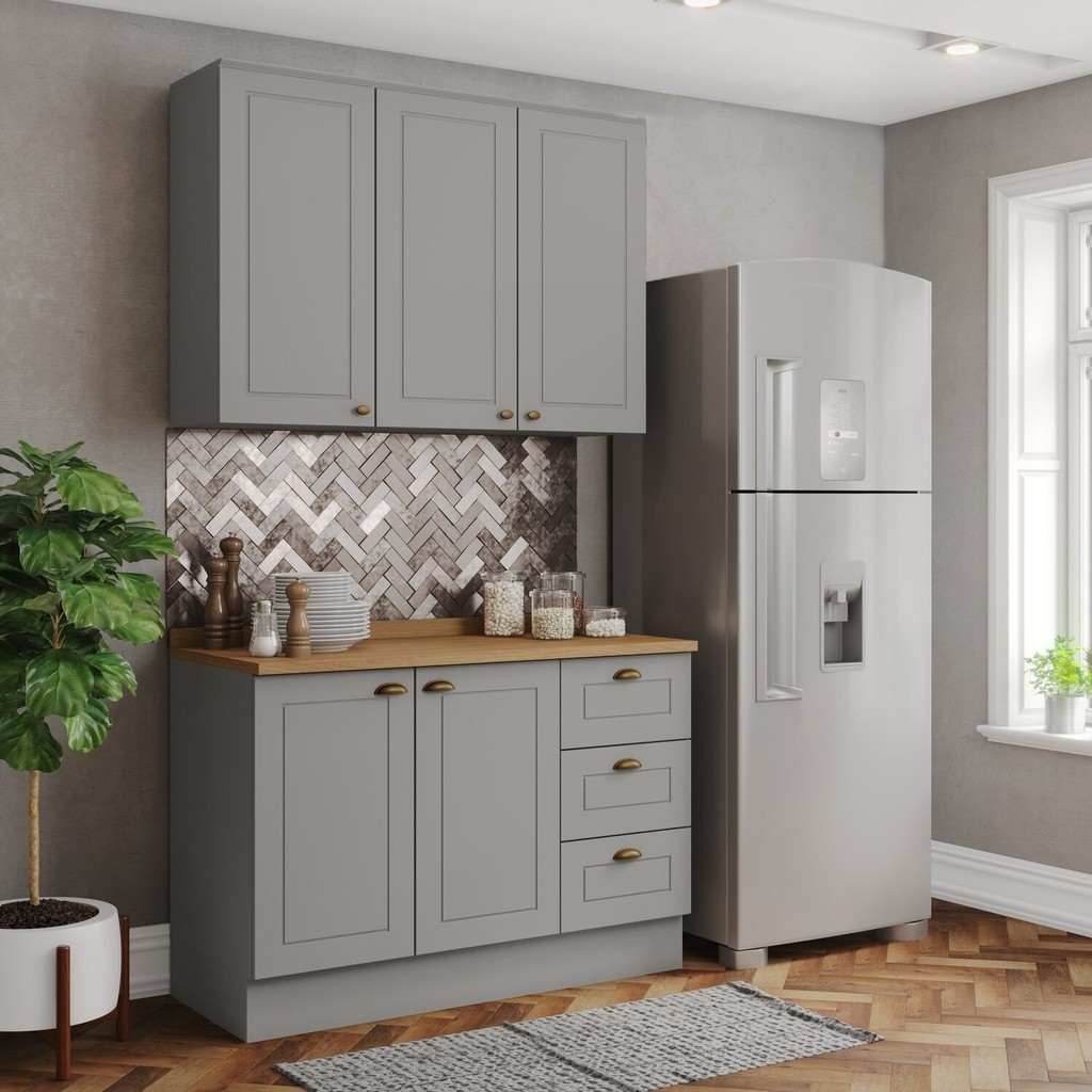 Cozinha Compacta 2 Peças 100% Mdf com Tampo Americana Cinza/Nature em Oferta na Shopee