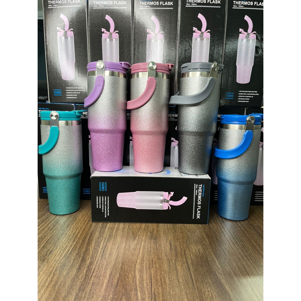 Garrafa Térmica com Glitter 900ml，chaleira portátil，Cores gradientes，，*com logo* em Oferta na Shopee