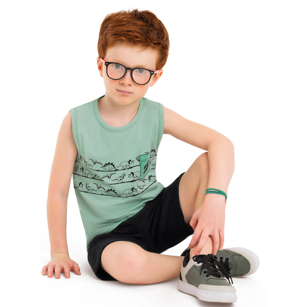 Camiseta Regata Infantil Masculina Machão 100% algodão Verde Pistache Dinossauro 4, 5, 6 anos
