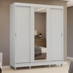 Guarda-Roupa Casal com Pés 3 Portas de Correr com Espelho Branco Reno Madesa