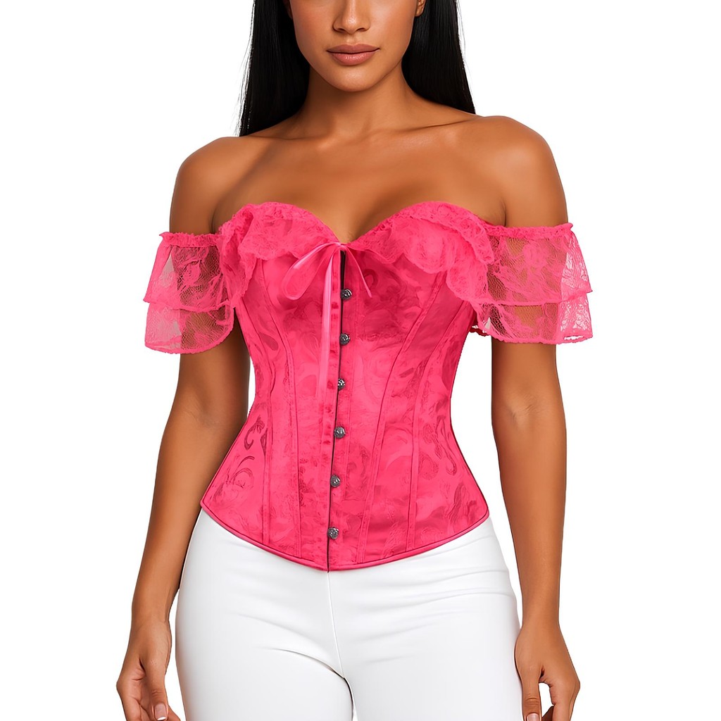 Corset Corselet Blusa Modeladora Manga Curta Renda Floral Linha Casual Rosa M235