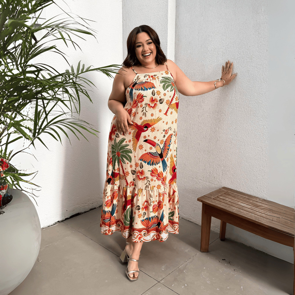 Vestido Longo Alça Plus Size Estampas Tropicais Floral Alça Primavera Verão