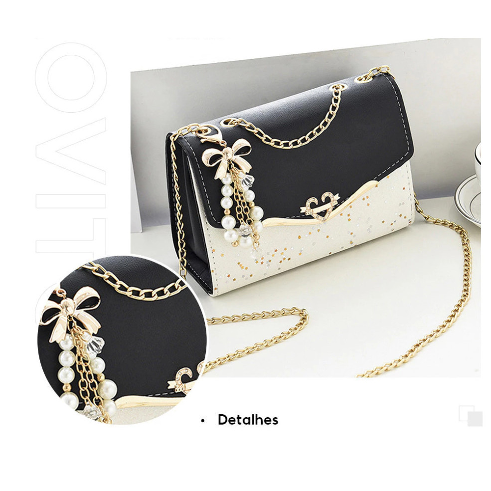 Bolsa Casual De Ombro Alça de Corrente Para Mulheres(Branco/Preto)