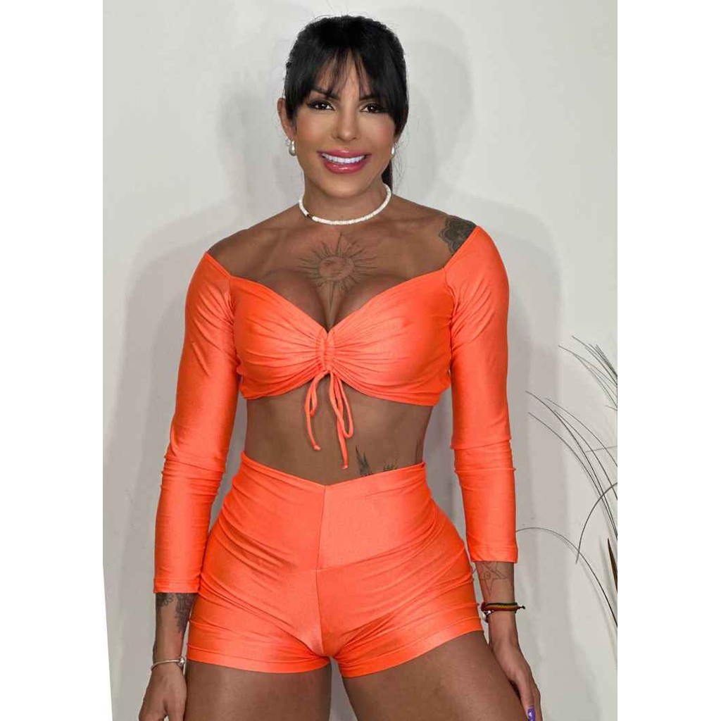 Conjunto Fitness Coral com Manga Longa Trilobol com Empina Bumbum e Zero Transparência
