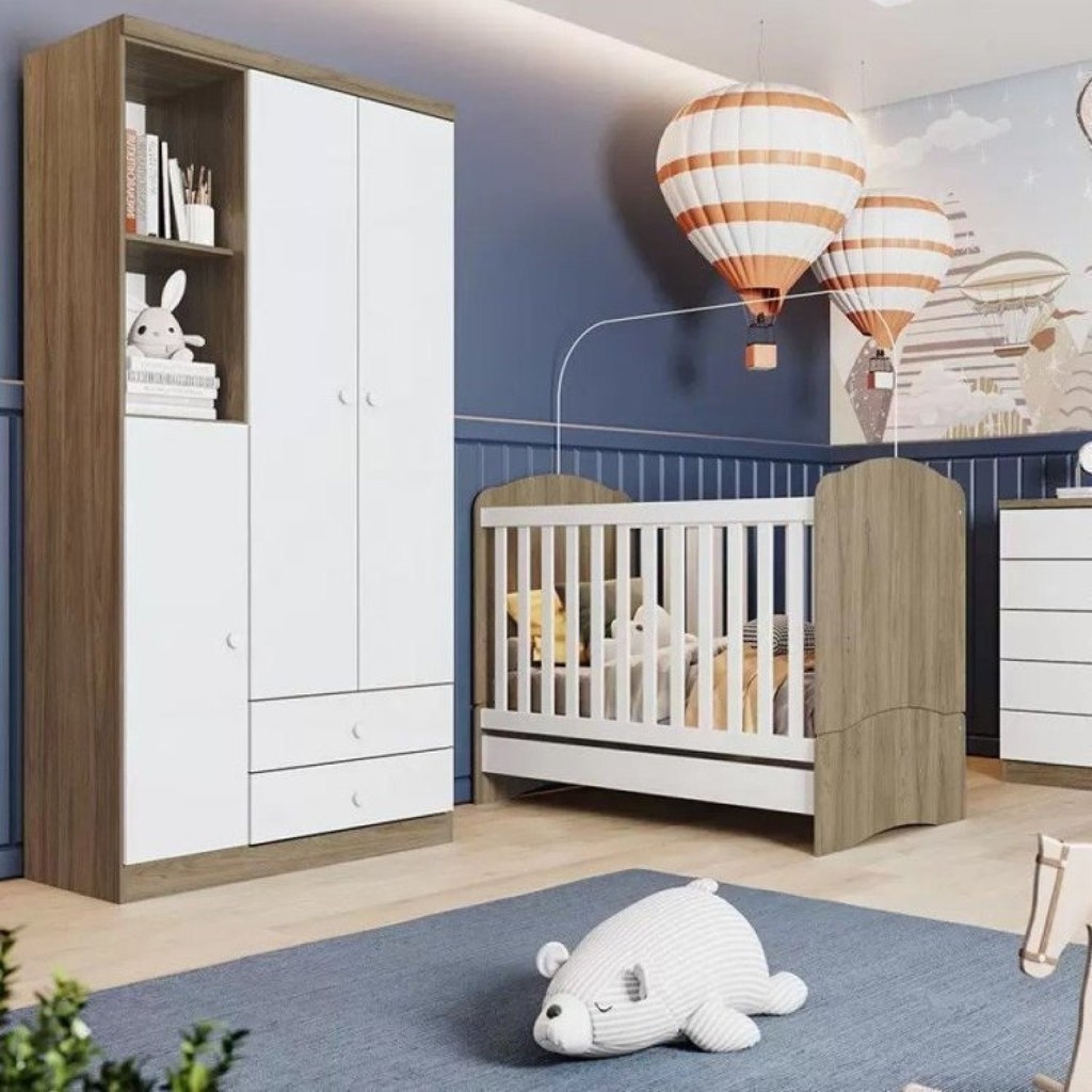 Quarto de Bebê Completo Guarda Roupa 3 Portas 2 Gavetas com Berço 3 em 1 Abracadabra Espresso Móveis Rústico/Branco em Oferta na Shopee