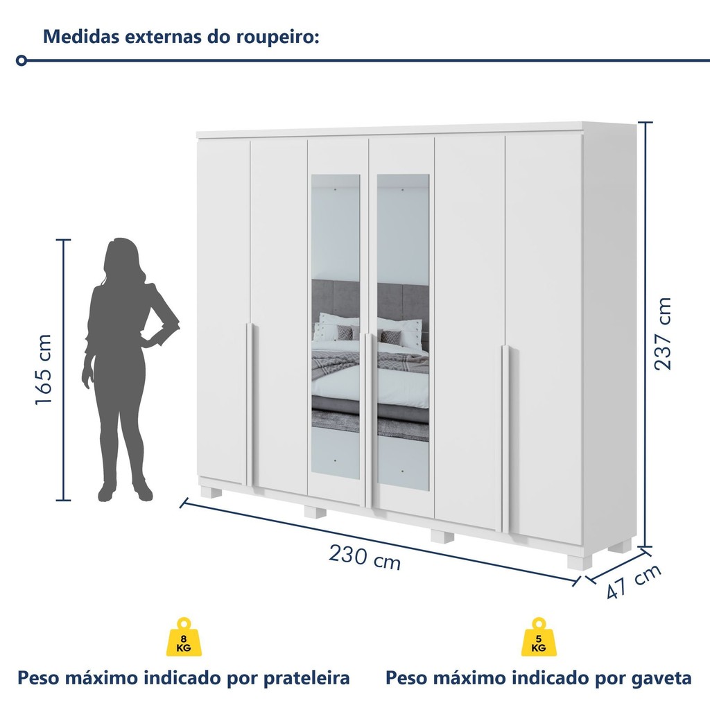 Detalhes do Guarda-roupa 6 Portas 4 Gavetas 100% Mdf Alonzo com Espelho e com Pés Branco