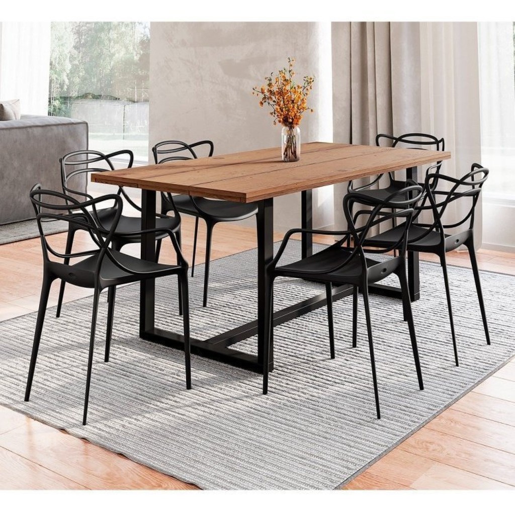 Conjunto Mesa de Jantar Rústica de Madeira Maciça com 6 Cadeiras Allegra Yescasa Preto/Marrom 183