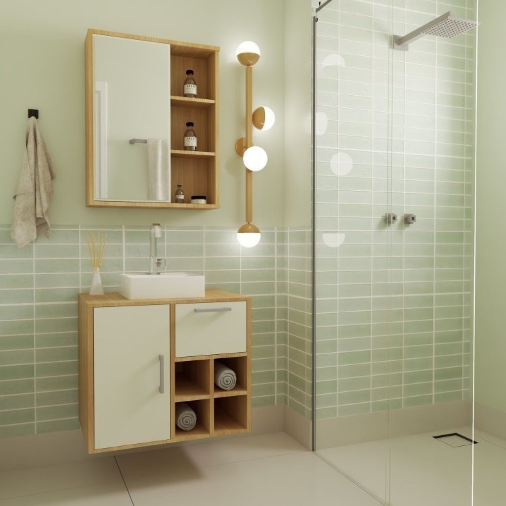 Gabinete de Banheiro Suspenso 68cm com Balcão 1 Porta 1 Gaveta e Espelheira com Cuba Br Branco