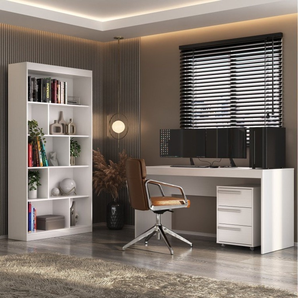Kit 3 Peças Escrivaninha 150cm com Gaveteiro e Estante Espresso Móveis Branco