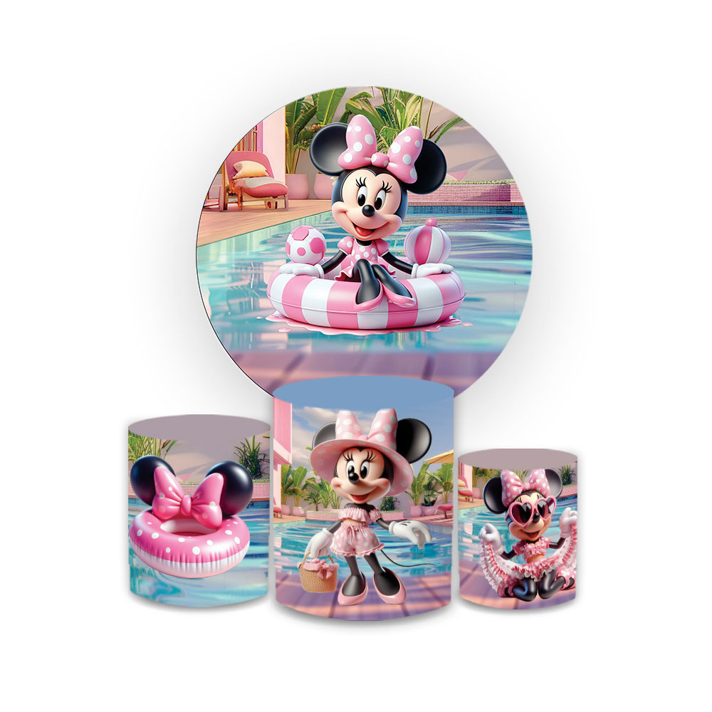 Kit Capa Painel Sublimado + Trio Capa Cilindro Menina Veste Fácil Tema Mini boia laço Aniversario