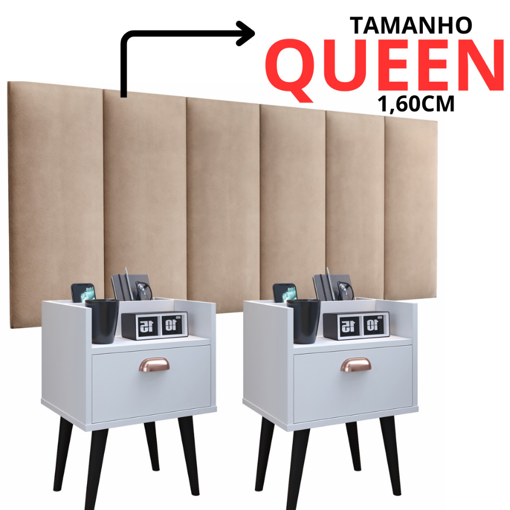 Kit 2 Mesas De Cabeceira Milena E Cabeceira Queen 1.60 Conjunto Criado Retro Varias Cores 1 gaveta !