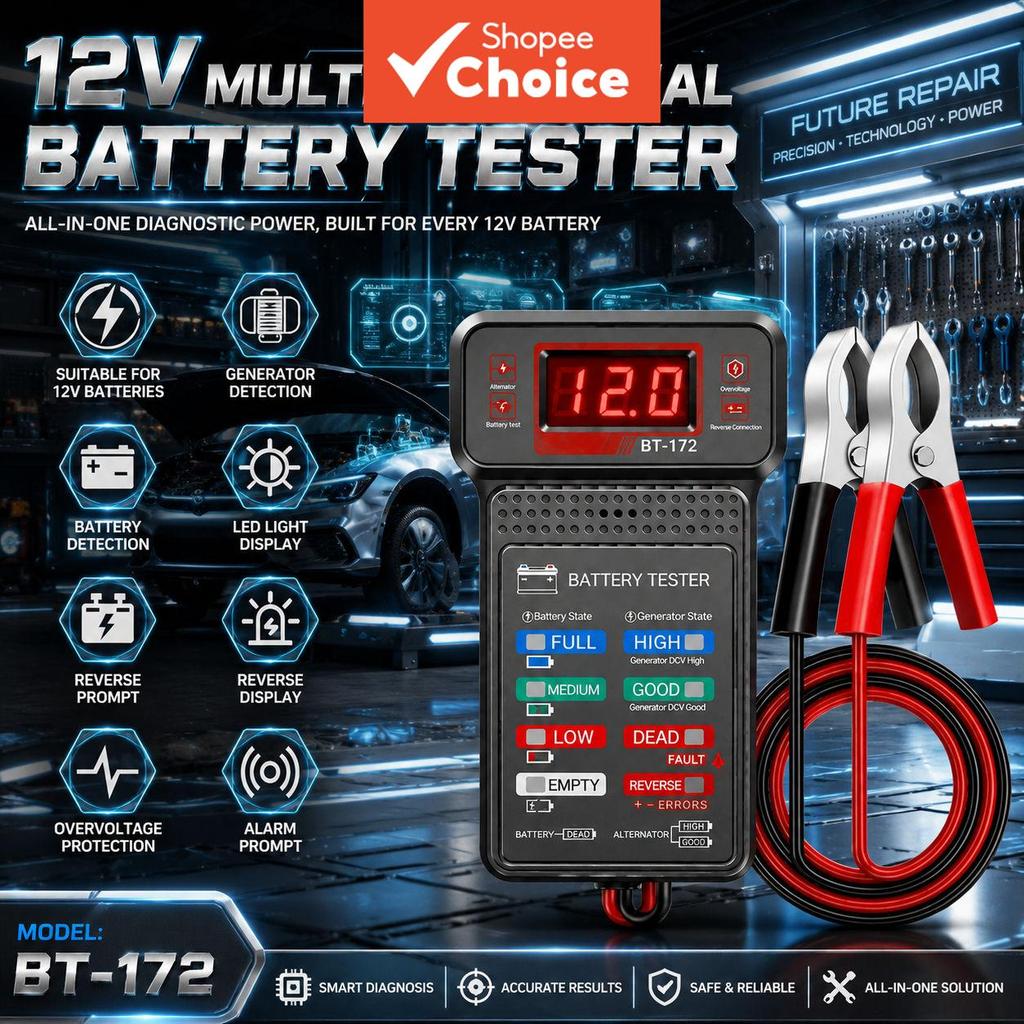 Analisador de Bateria Automotiva BT172 12V – Ferramenta Profissional de Teste Elétrico Veicular com Tela LED Invertida